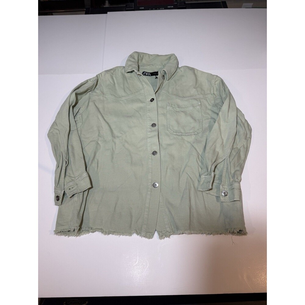 Zara Light Green Textured Button-Up Collared Shirt Shacket, Size S